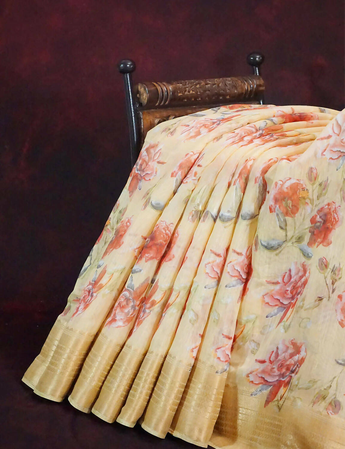 Shades of Wheat with Floral Design Semi Chanderi Saree By Gayathri Reddy Designer Studio | Swadesiicart