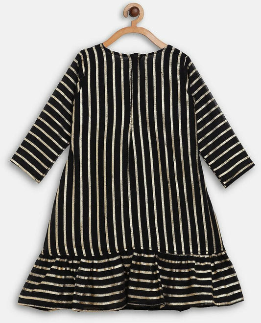 Ahalyaa Black Georgette Stripped Gold Printed Kids Kurta Pant Set For Girls | Swadesiicart