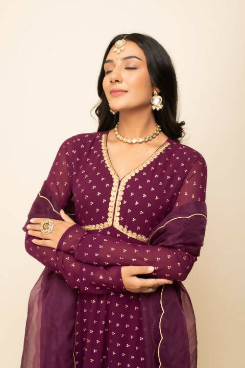 FIORRA Women's Wine Georgette Anarkali Kurta With Dupatta - Swadesiicart