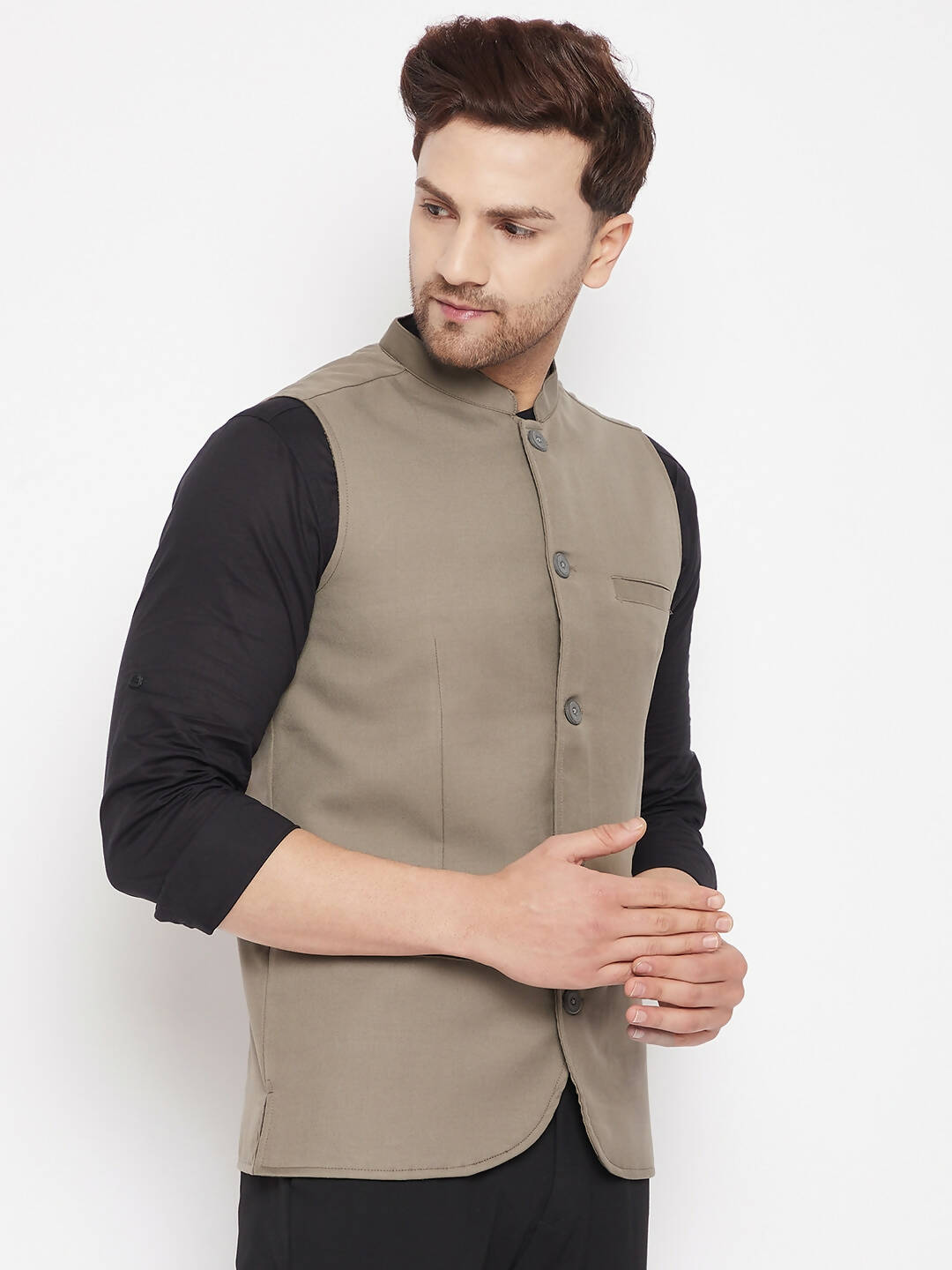 Even Apparels Beige Merino Men Woven Nehru Jacket | Swadesiicart