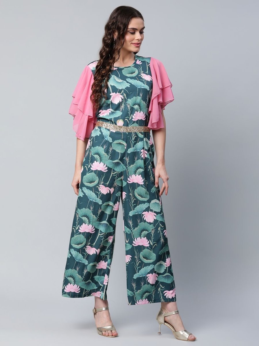 Ahalyaa Women's Dark Green Crepe Printed Jumpsuit | Swadesiicart