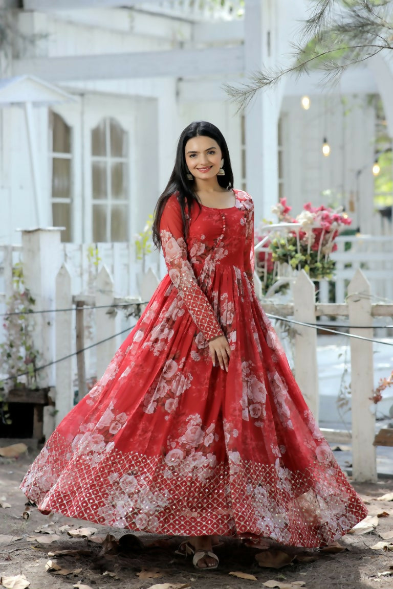 Jyoti Fashion Women's Red Sequence Zari Embroidered Faux Georgette Anarkali Dress | Swadesiicart