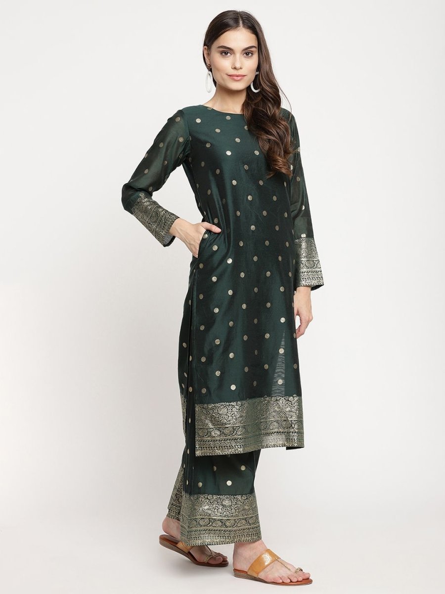 Ahalyaa Dark Green Gold Print Kurta Palazzo Set With Dupatta | Swadesiicart
