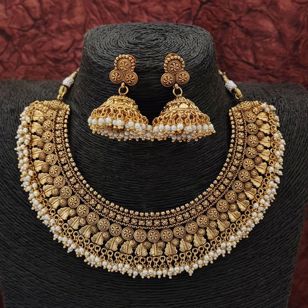 JS Fashion Antique Jewelry High Gold Polish Wedding Wear Beautiful Look Antique Short Necklace Set | Swadesiicart