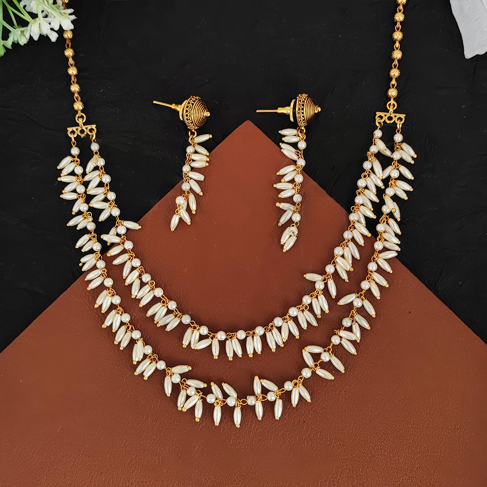 JS Fashion 2 Layer High Gold Polish Fancy Design Party wear Antique Design Antique Jewellery Necklace Set | Swadesiicart