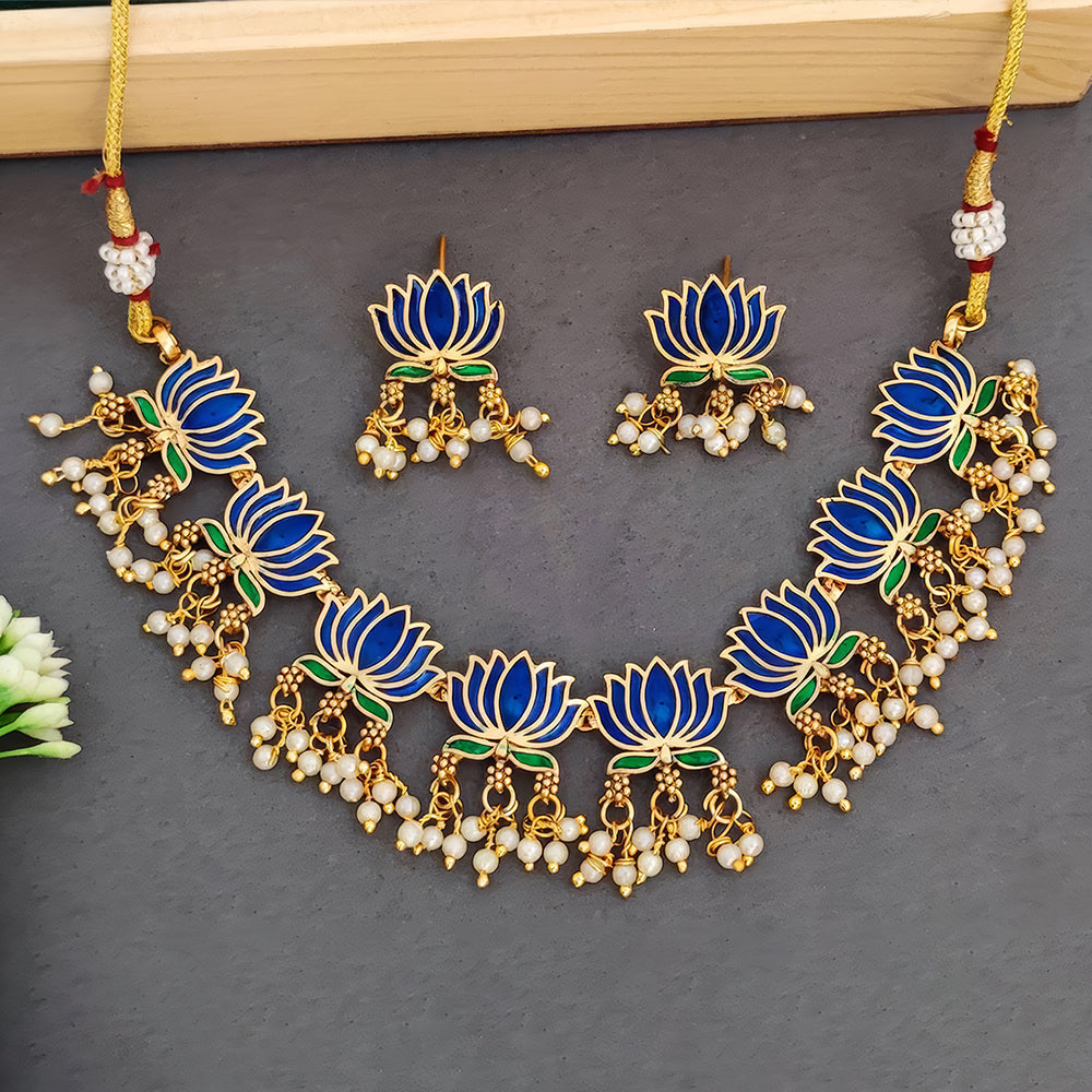 JS Fashion Traditional High Gold Necklace Set with Pink Lotus Motif and Ethnic Celebrations | Swadesiicart