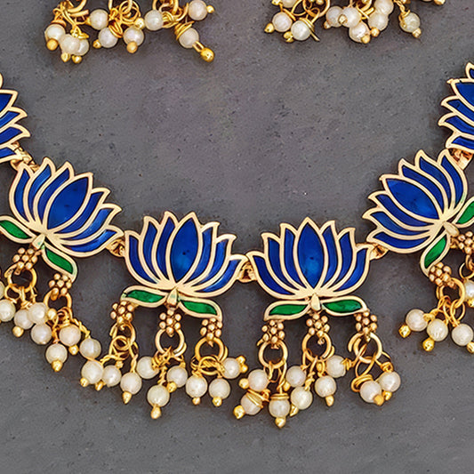 JS Fashion Traditional High Gold Necklace Set with Pink Lotus Motif and Ethnic Celebrations | Swadesiicart