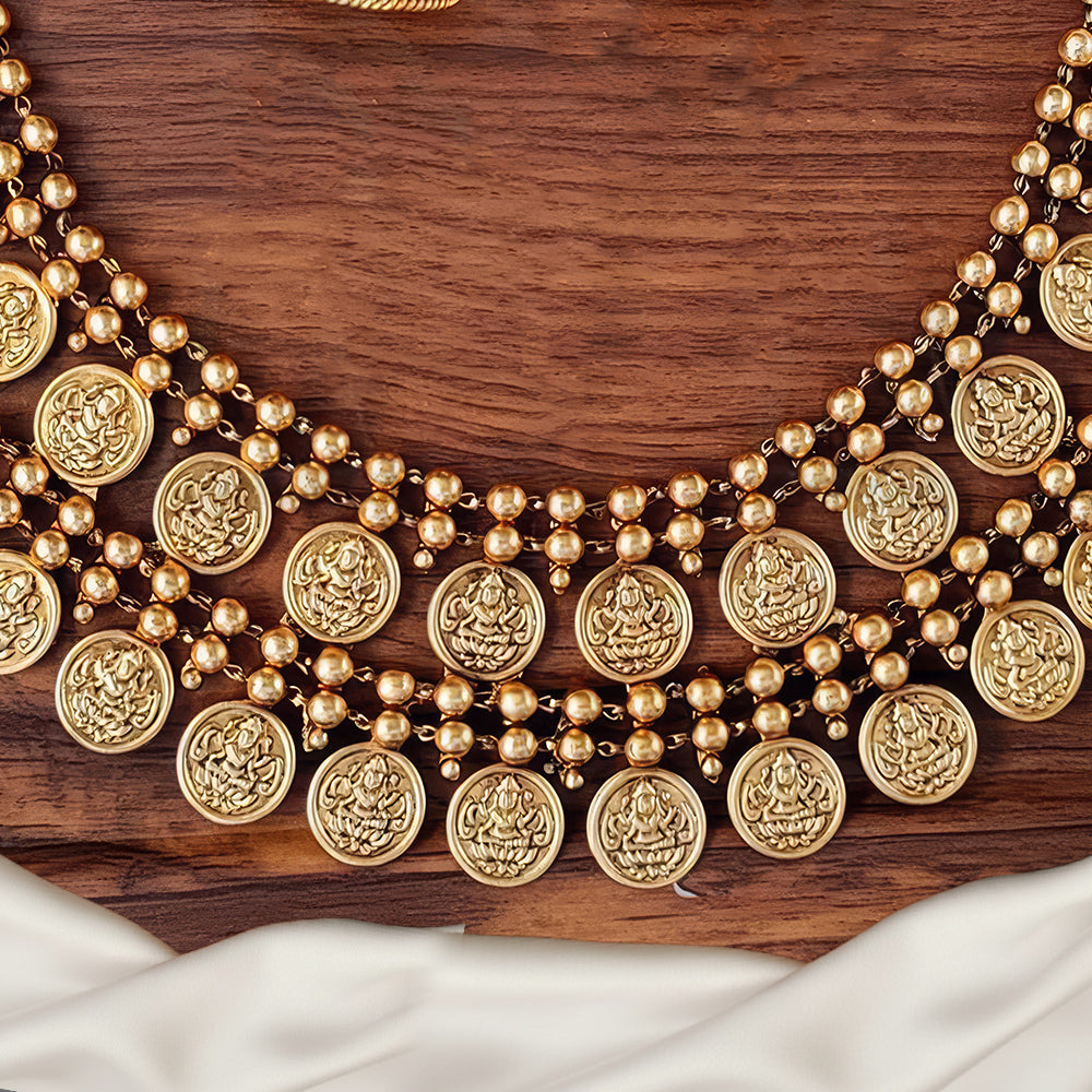 JS Fashion God Laxmi 2 Layer Coin Temple Designer Matte Gold Polish Short Necklace Set | Swadesiicart