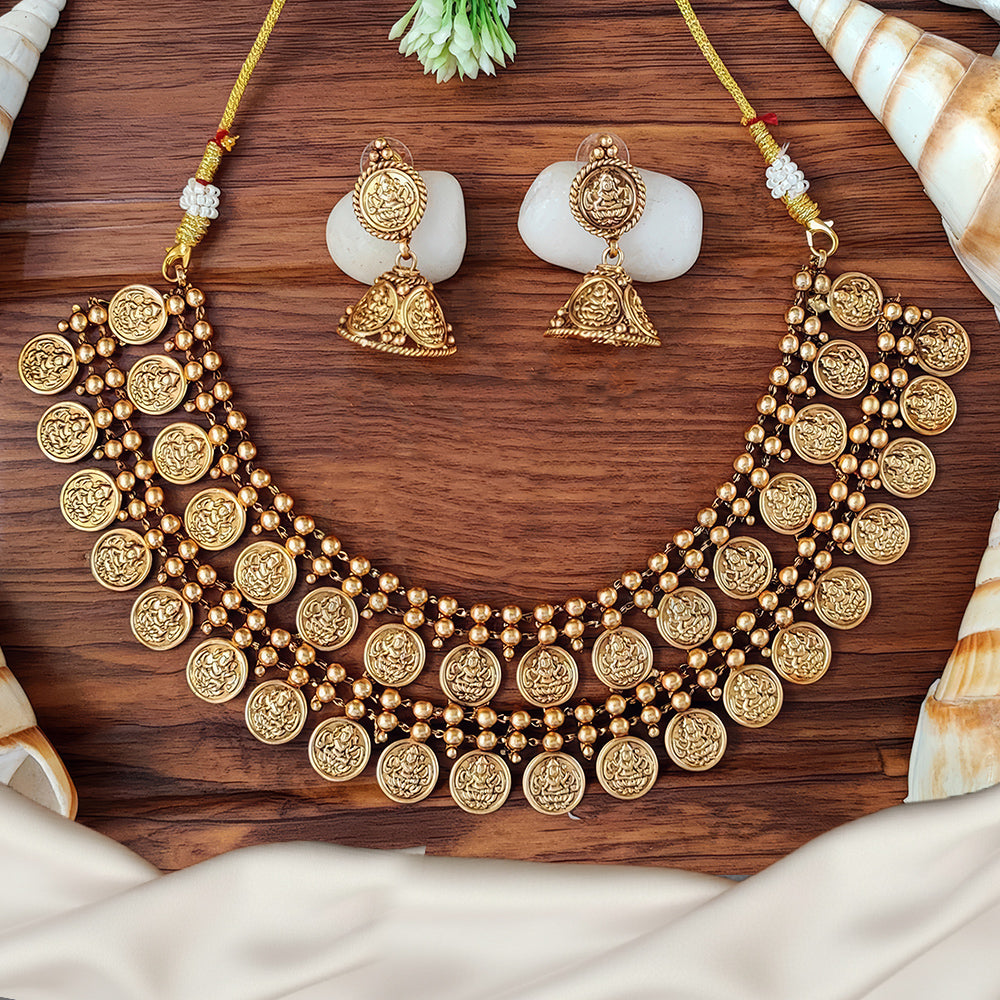 JS Fashion God Laxmi 2 Layer Coin Temple Designer Matte Gold Polish Short Necklace Set | Swadesiicart