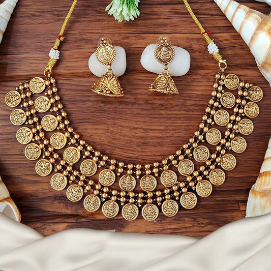 JS Fashion God Laxmi 2 Layer Coin Temple Designer Matte Gold Polish Short Necklace Set | Swadesiicart