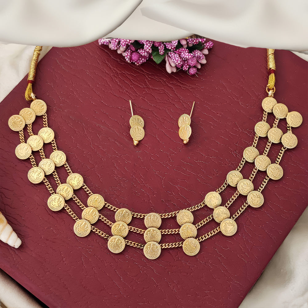 JS Fashion Beautiful Temple Design 3 Layer Short Necklace Set | Swadesiicart