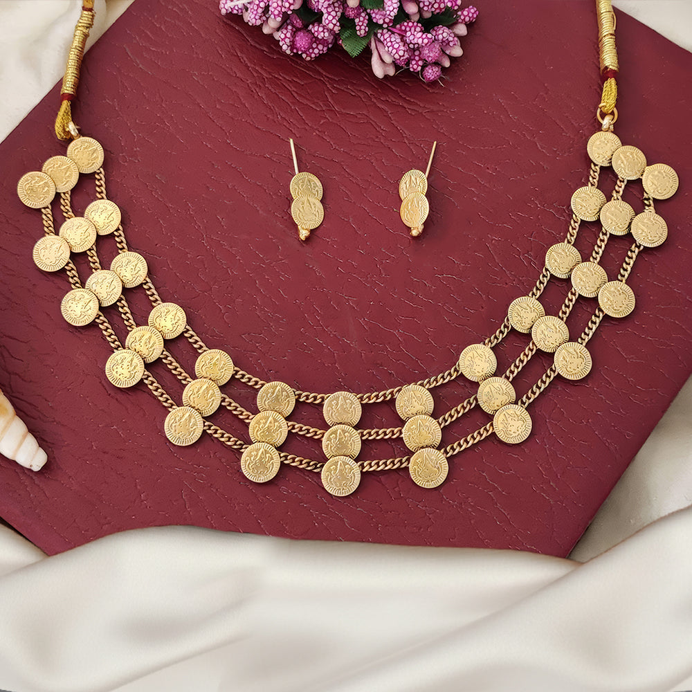 JS Fashion Beautiful Temple Design 3 Layer Short Necklace Set | Swadesiicart