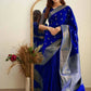 DEIANA'S Beautiful Designer Golden zari Soft Lichi Silk Saree - Royal Blue - Swadesiicart