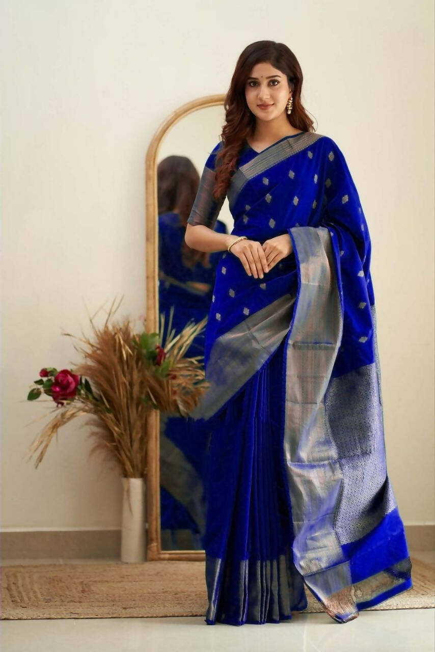 DEIANA'S Beautiful Designer Golden zari Soft Lichi Silk Saree - Royal Blue - Swadesiicart