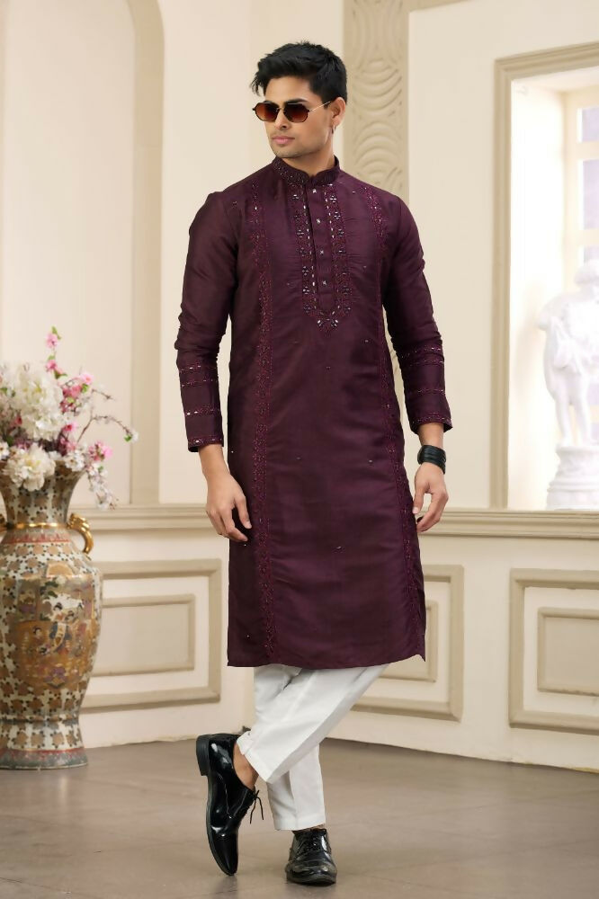 Raivat Ethnic Banarasi Art Silk Thread and Mirror Work Kurta Pajama In Wine Colour | Swadesiicart