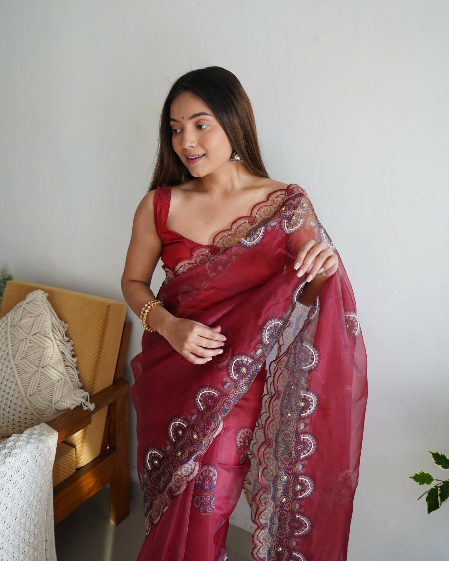 Vamsee Shivika Maroon Organza Saree - Swadesiicart