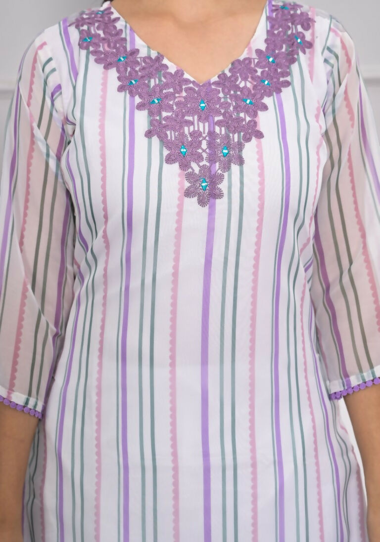 White Viscose Silk Embroidery with Thread and sequence Stitched Suit With Dupatta - Tanisha | Swadesiicart