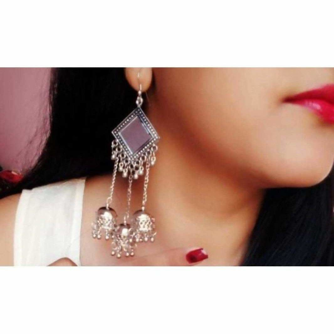 MS Fashion India Kite Mirror Design Silver Hanging Triple Jhumka Earrings | Swadesiicart