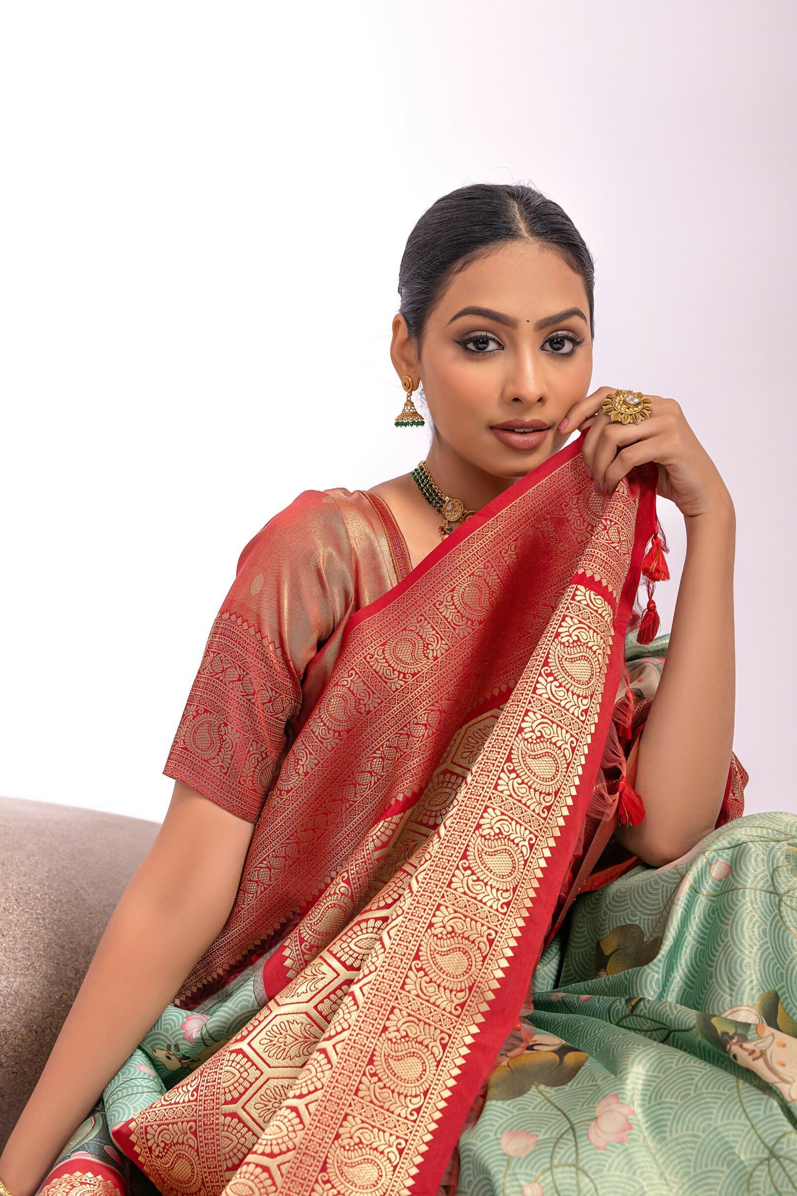 Vishnu Weaves Women's Pista Tissue Silk Zari Woven Saree with Blouse - Swadesiicart