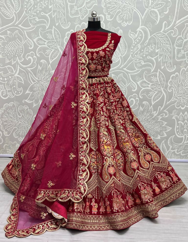 Jyoti Fashion Women's Rani Pink Velvet Multi Thread Embroidered with Zircon Diamond Work Wedding Lehenga Choli | Swadesiicart