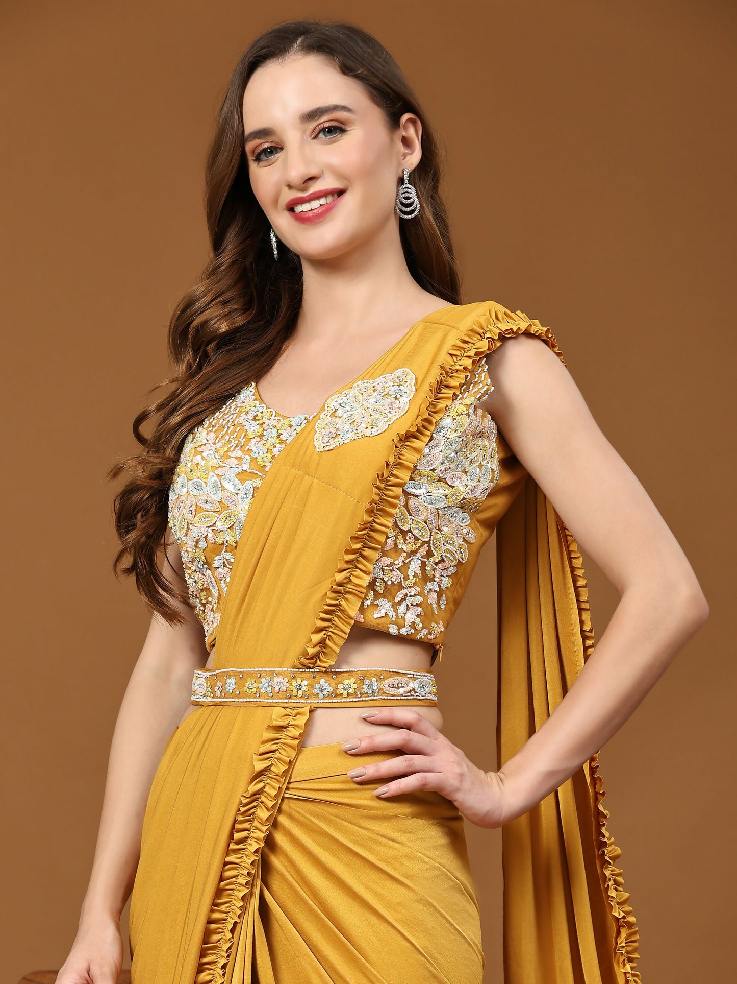 Yellow Lycra Solid Ready to wear Saree with stitched Blouse - Vanita | Swadesiicart