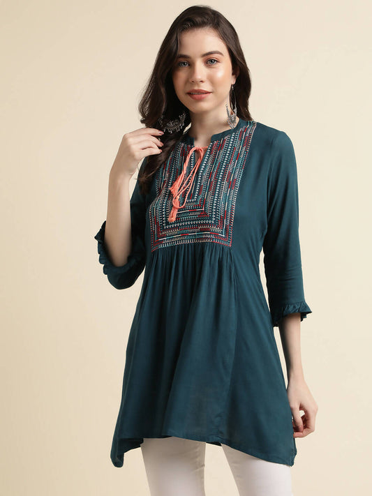 Teal Rayon Yoke Embroidered A-line Top - Tarini - Swadesiicart