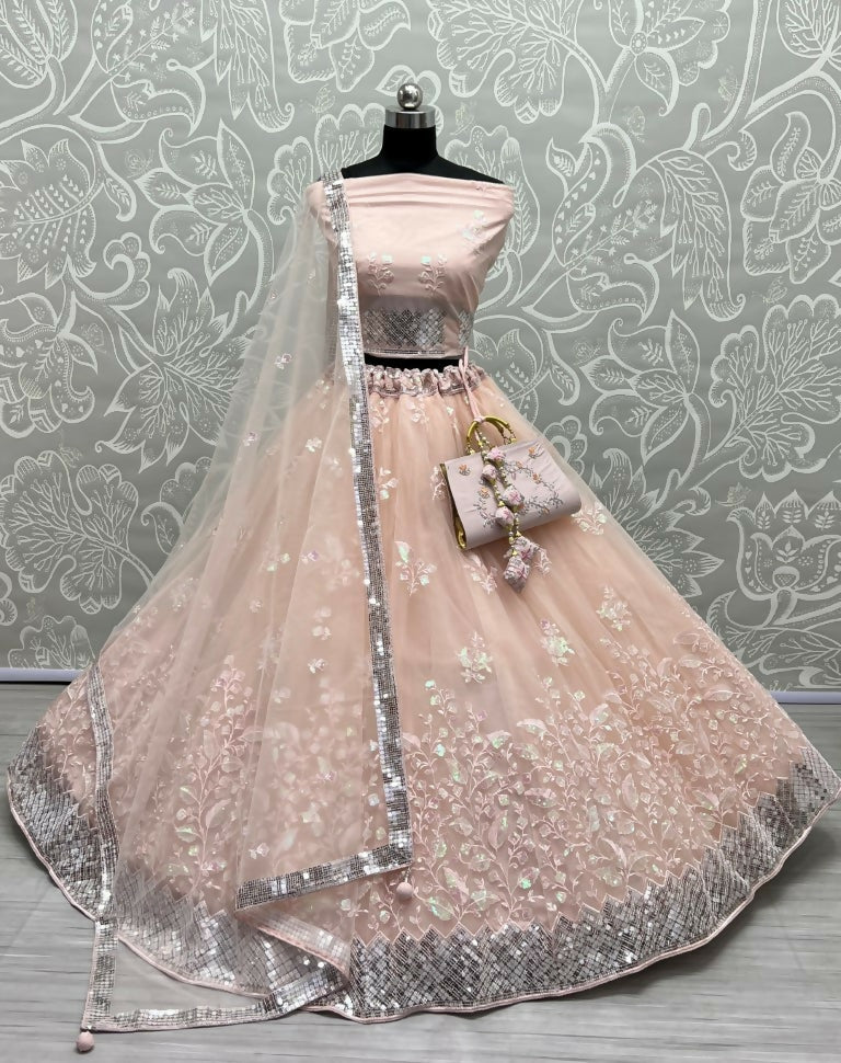 Jyoti Fashion Women's Peach Bridal Net Fancy Sequins with Multi Thread Embroidered Wedding Lehenga Choli | Swadesiicart