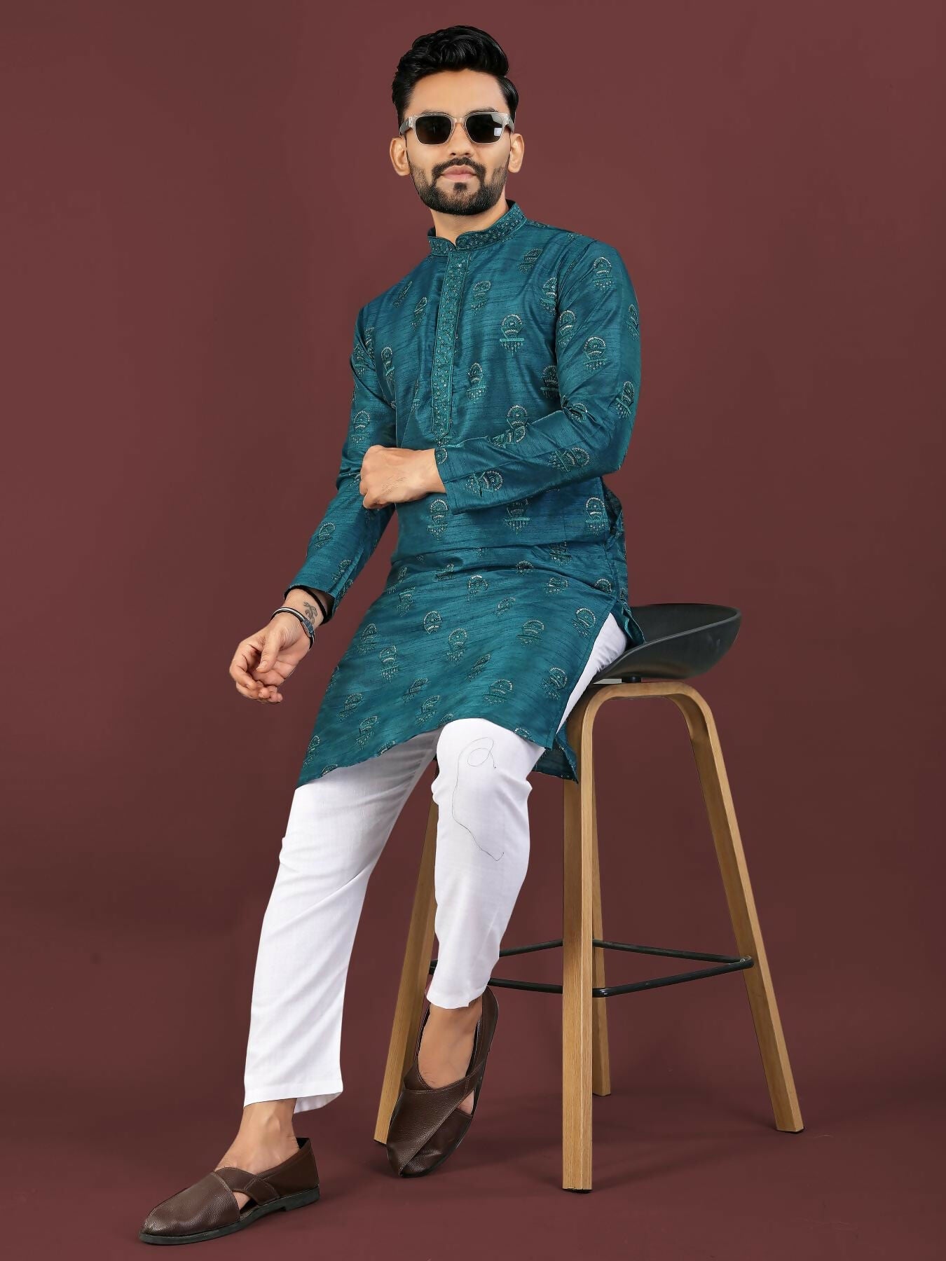 Anaita Teal Embroidered Silk Straight Kurta