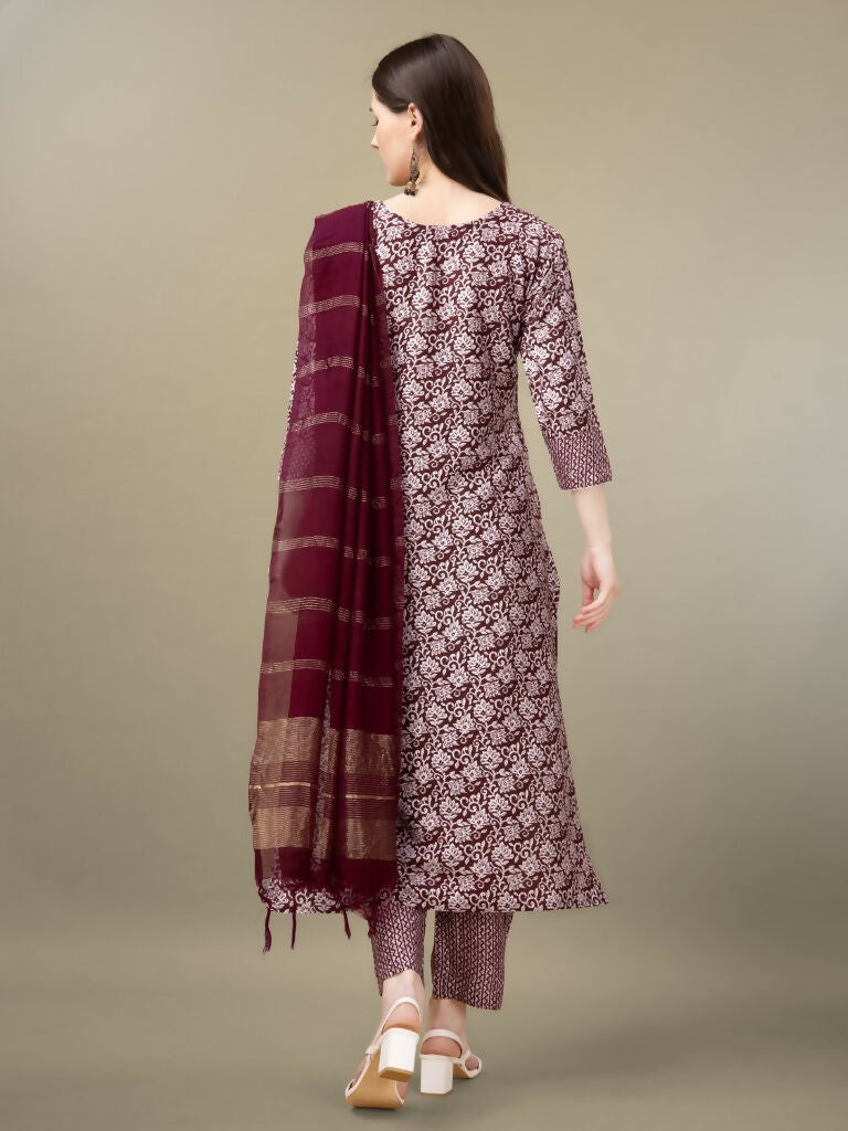 Jyoti Fashion Women's Maroon Rayon Embroidery & Sequence work Kurta with Trouser & Dupatta | Swadesiicart