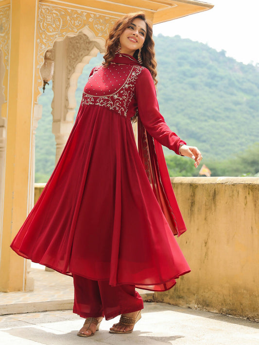 Janasya Maroon Georgette Embroidered Kurta,Bottom & Dupatta | Swadesiicart