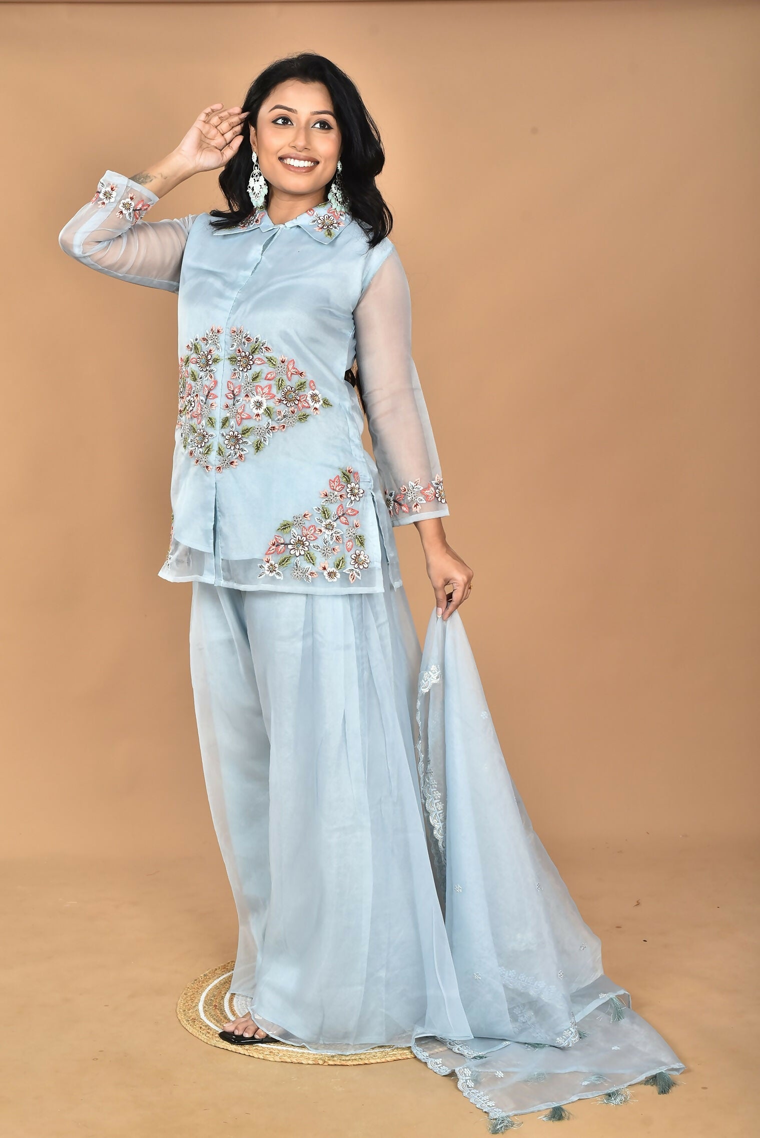 Morchari Women And Hand Embroidery Palazzo Set-Sky Blue - Swadesiicart