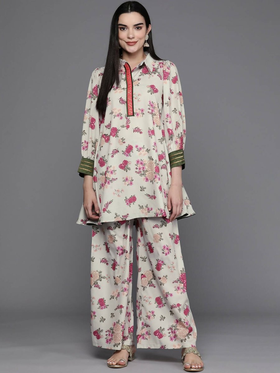 Ahalyaa Women Floral Printed Tunic with Palazzos - Beige Color | Swadesiicart
