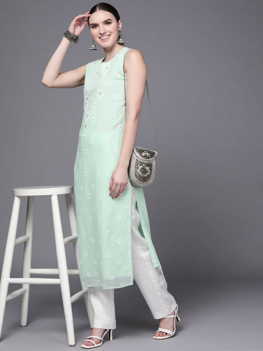 Ahalyaa Women Sea Green Floral Printed Georgette Kurta | Swadesiicart