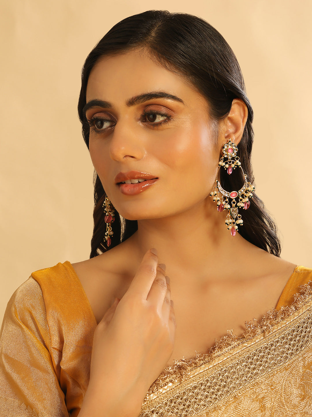 Nuyug 22K Gold Plated Crescent Kundan Drop Pink Stone Chandbali Earrings | Swadesiicart