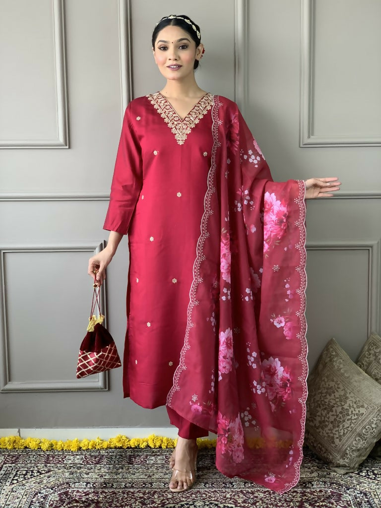 Rani Pink Viscose Chanderi Stitched Suit With Dupatta - Tanisha | Swadesiicart