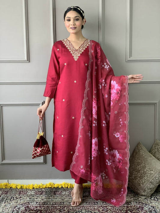 Rani Pink Viscose Chanderi Stitched Suit With Dupatta - Tanisha | Swadesiicart