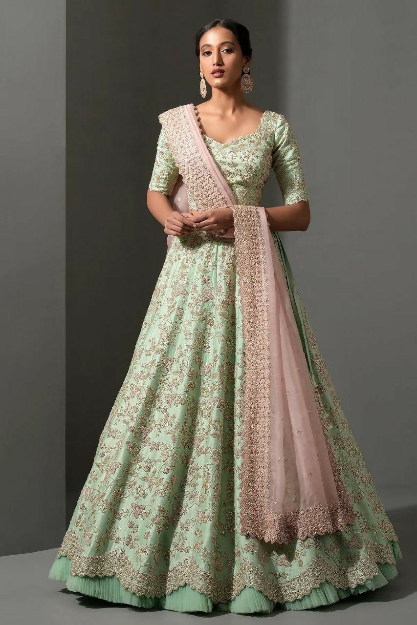 Jyoti Fashion Women's Sea Green Mulberry Silk Sequins, Dori & Thread Embroidered with Net Ruffle Work Designer Lehenga Choli Set | Swadesiicart