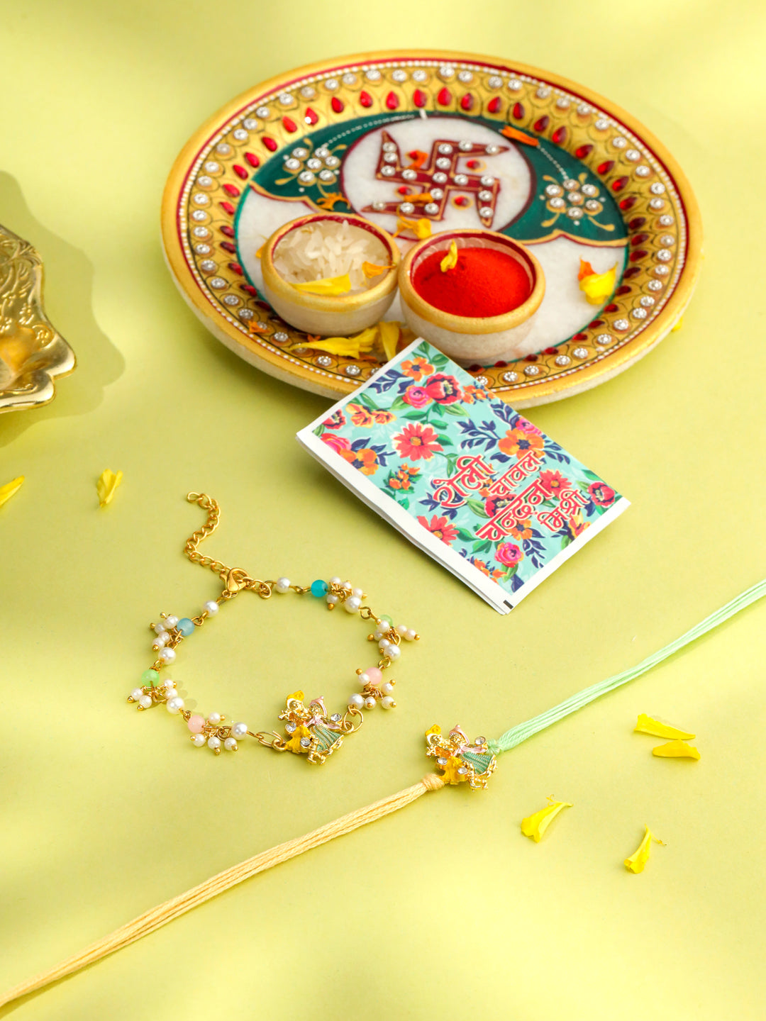 NVR Set of 2 Multicolor Gold Toned Radha Krishna Beaded Bhaiya Bhabhi Rakhi with Roli Chawal Chandan & Mishri - Swadesiicart