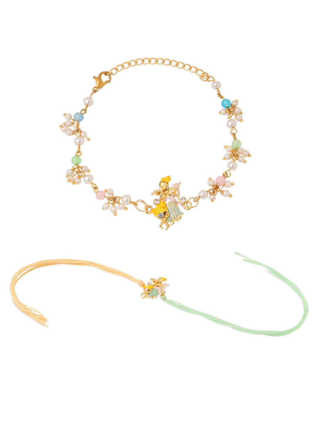 NVR Set of 2 Multicolor Gold Toned Radha Krishna Beaded Bhaiya Bhabhi Rakhi with Roli Chawal Chandan & Mishri - Swadesiicart