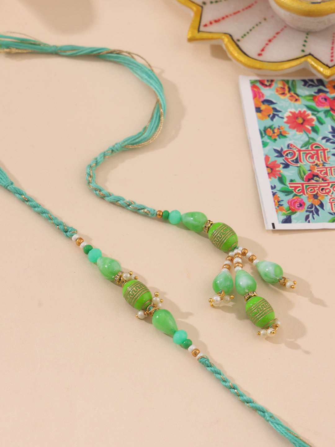 NVR Set of 2 Green Artificial Beads Bhaiya Bhabhi Rakhi with Roli Chawal Chandan & Mishri - Swadesiicart