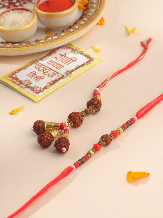 NVR Set of 2 Multicolor Rudraksh & Beads Bhaiya Bhabhi Rakhi with Roli Chawal Chandan & Mishri - Swadesiicart