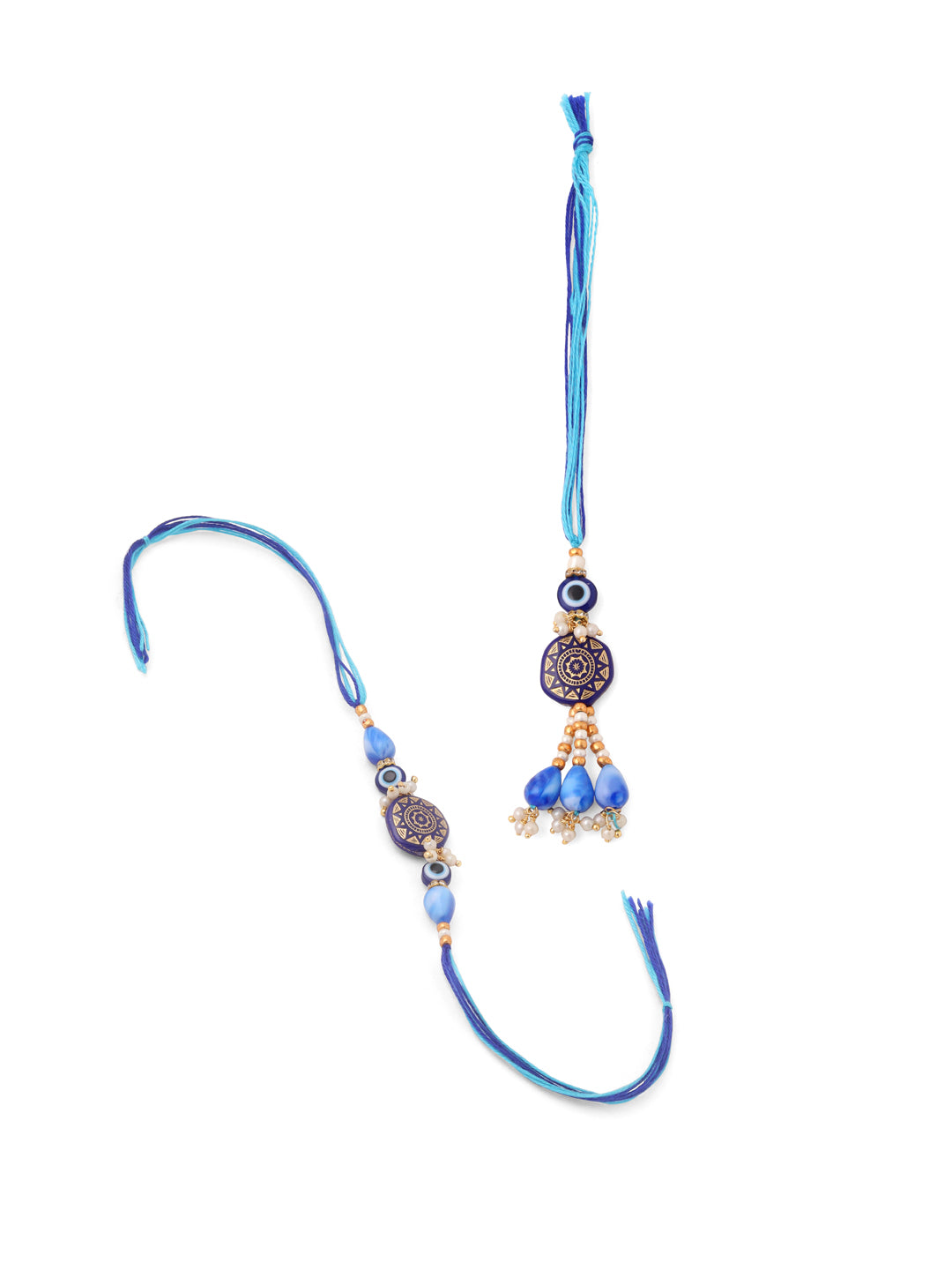 NVR Evil Eye Set of 2 Blue Artificial Beads Bhaiya Bhabhi Rakhi with Roli Chawal Chandan & Mishri | Swadesiicart