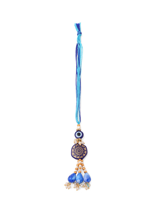 NVR Evil Eye Set of 2 Blue Artificial Beads Bhaiya Bhabhi Rakhi with Roli Chawal Chandan & Mishri | Swadesiicart