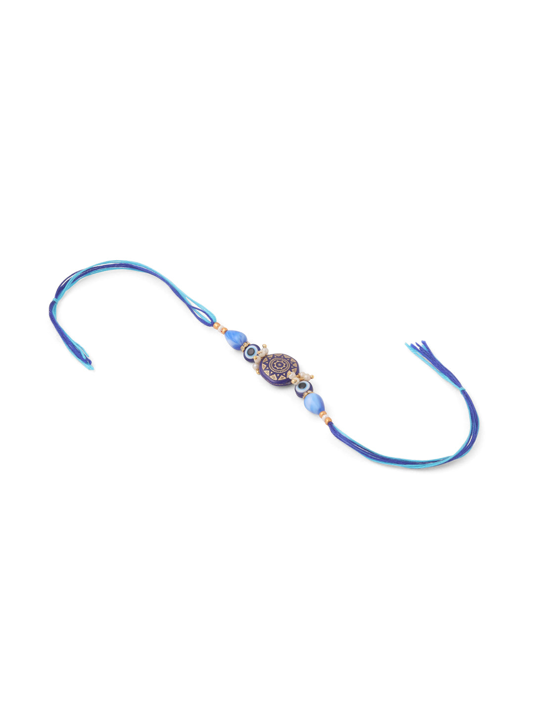 NVR Evil Eye Set of 2 Blue Artificial Beads Bhaiya Bhabhi Rakhi with Roli Chawal Chandan & Mishri | Swadesiicart