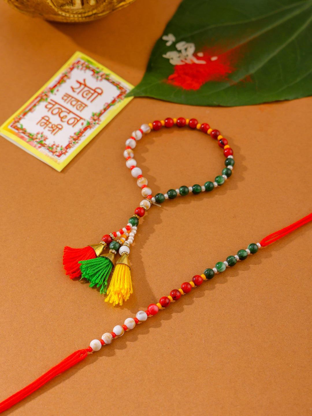 NVR Multicolor Artificial Beads Set of 2 Bhaiya Bhabhi Rakhi with Roli Chawal Chandan & Mishri - Swadesiicart