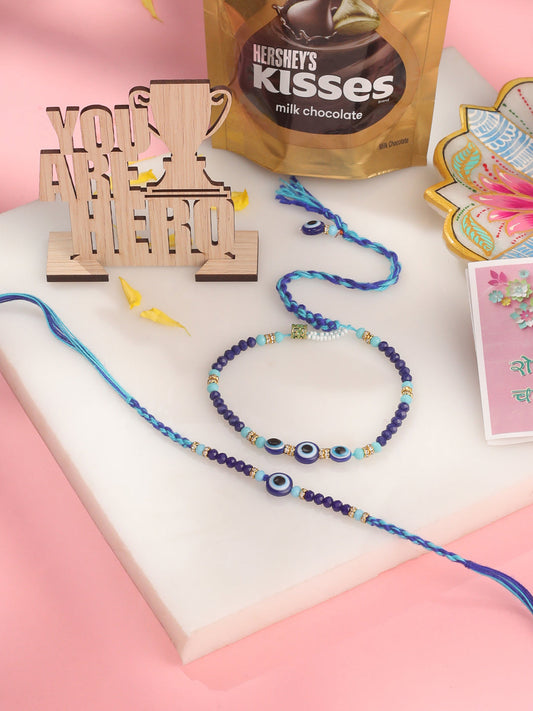NVR Set of 2 Blue Evil Eye Artificial Beads Bhaiya Bhabhi Rakhi Combo | Swadesiicart