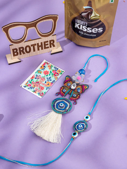 NVR Blue Evil Eye Artificial Beads Set of 2 Bhaiya Bhabhi Rakhi Combo | Swadesiicart