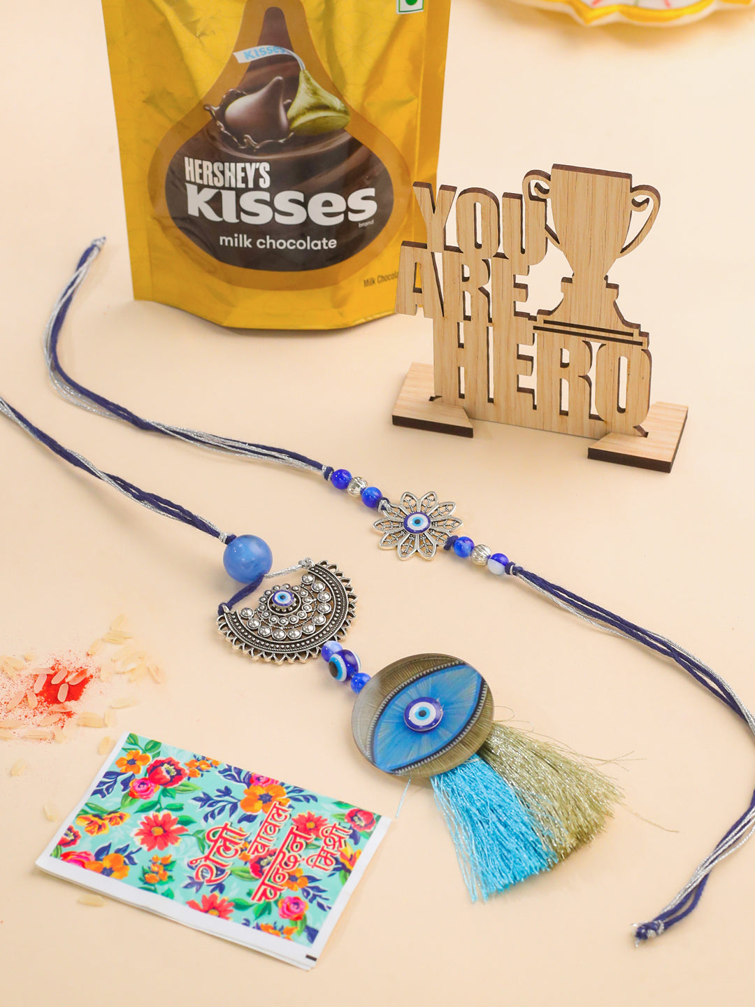 NVR Set of 2 Blue Evil Eye Artificial Beads Bhaiya Bhabhi Rakhi Combo | Swadesiicart