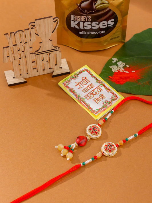 NVR Set of 2 Red Artificial Stones and Beads Bhaiya Bhabhi Rakhi Combo | Swadesiicart