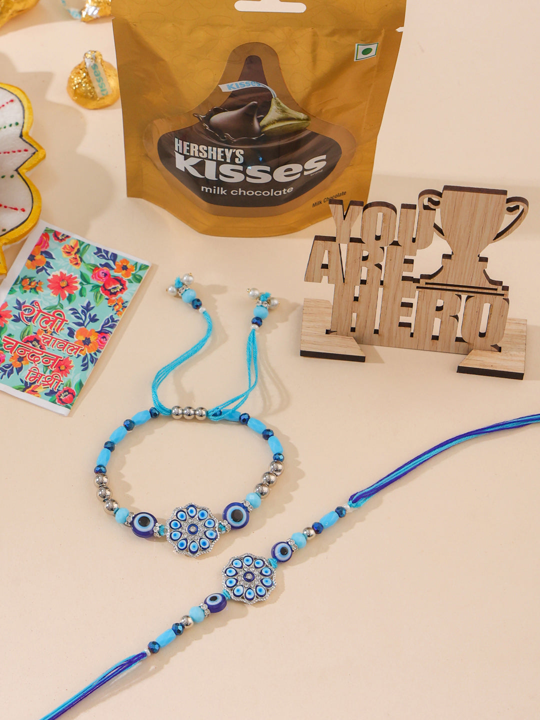 NVR Set of 2 Blue Evil Eye Floral Design Bhaiya Bhabhi Rakhi Combo | Swadesiicart